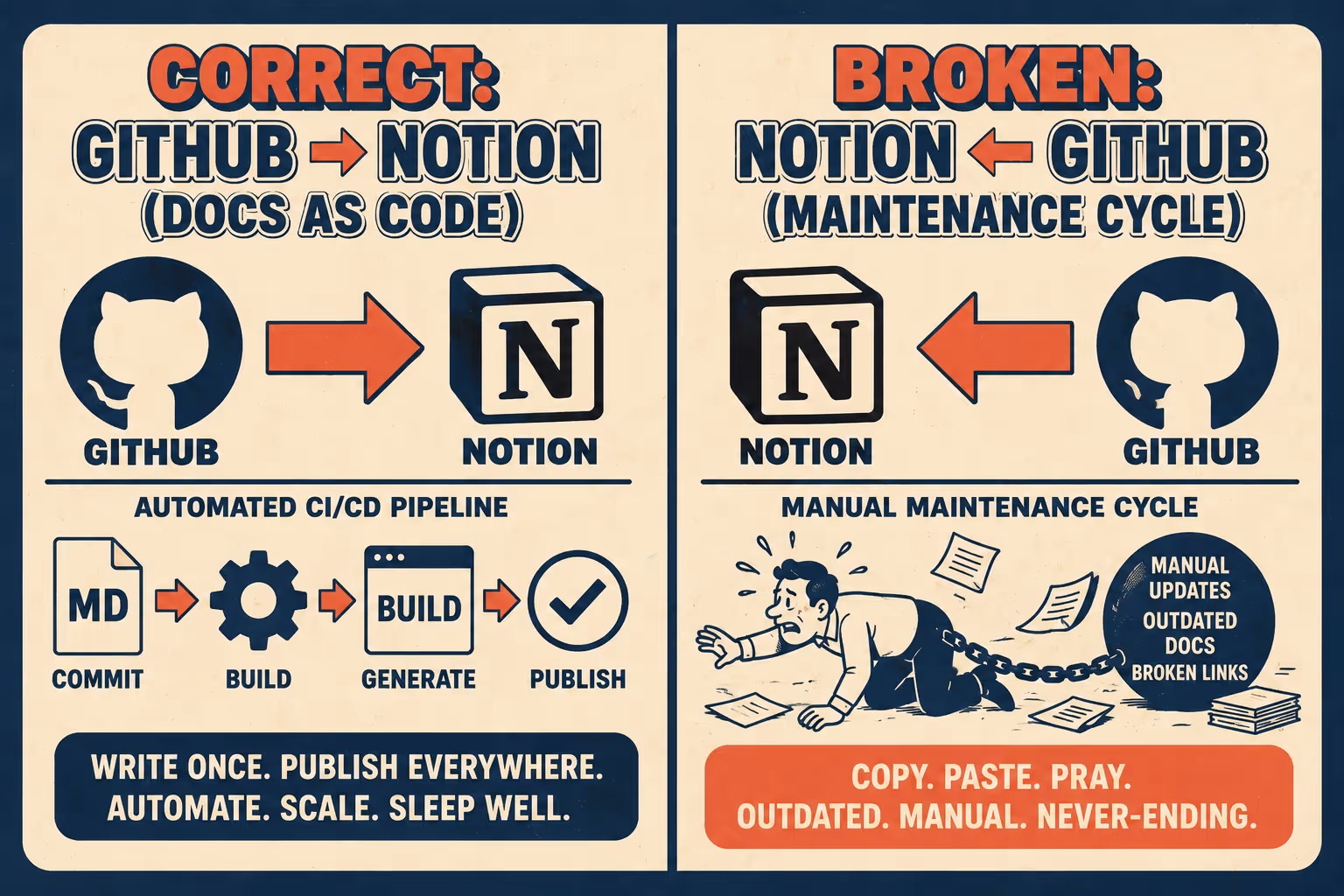 Diagram showing GitHub-to-Notion correct direction versus reversed maintenance flow