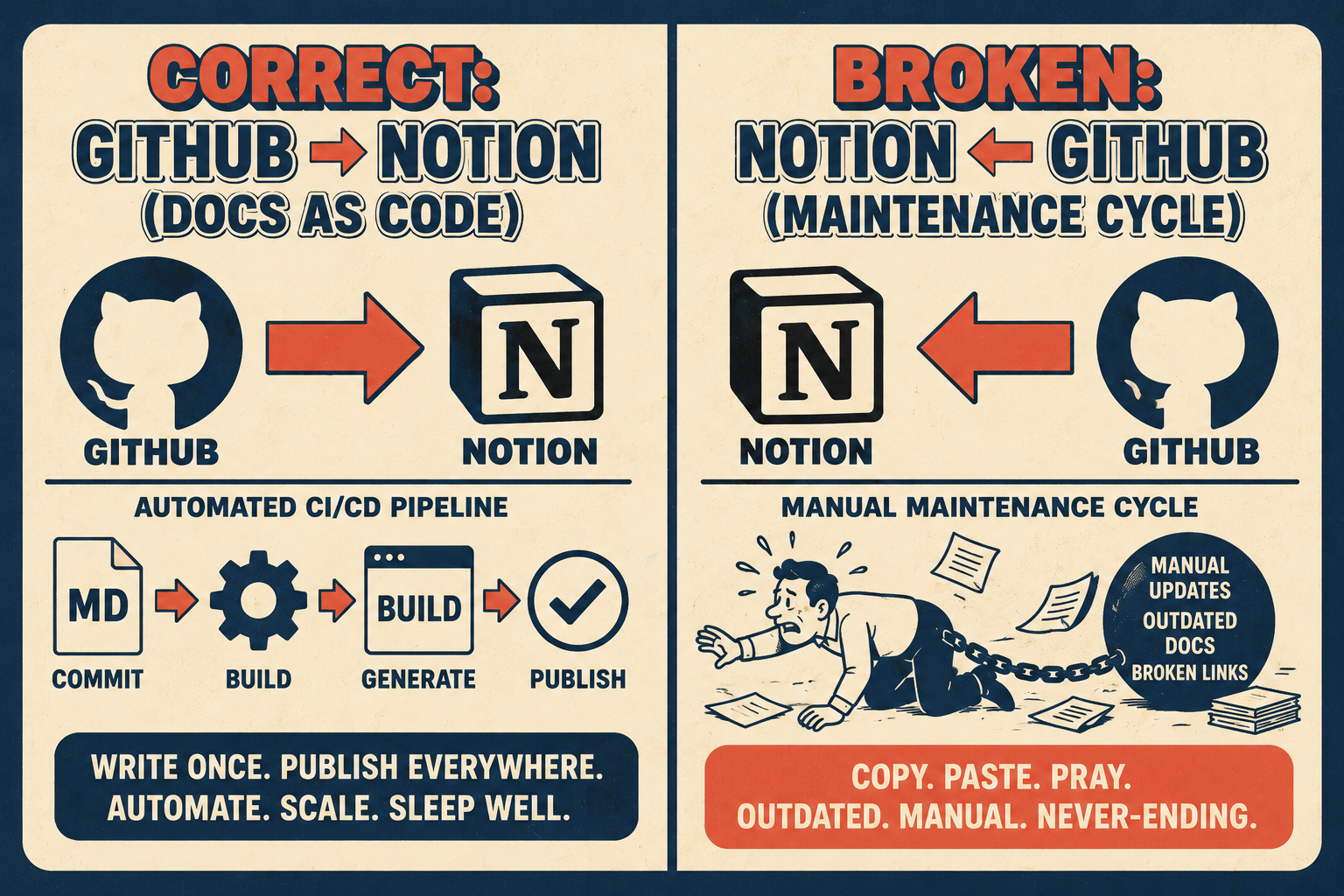 Diagram showing GitHub-to-Notion correct direction versus reversed maintenance flow