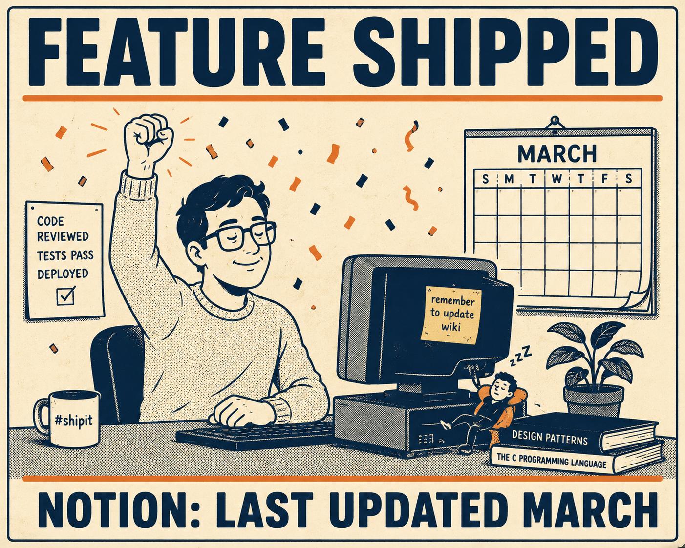 Developer celebrating shipped feature while calendar and Notion page show outdated dates