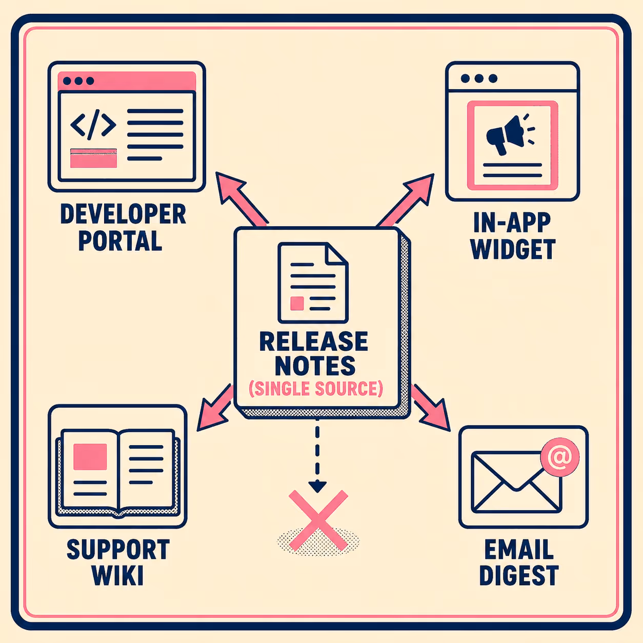 Diagram showing release notes distributed from one source to four destinations