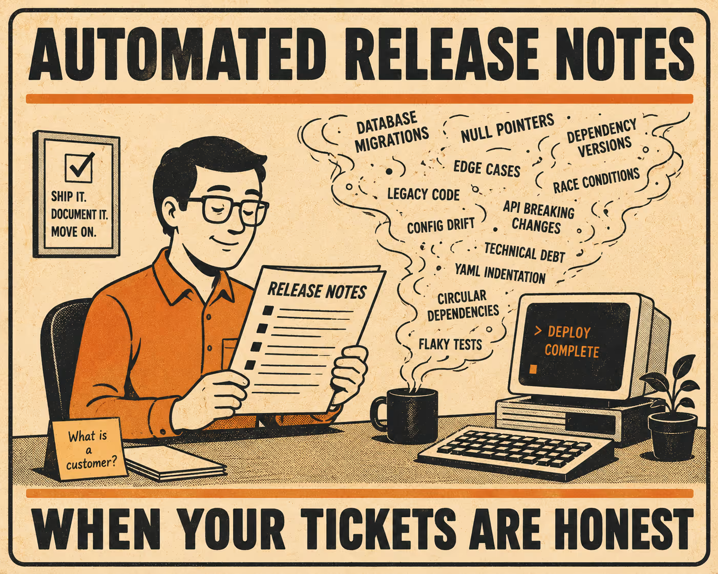 Person reviewing release notes while technical jargon floats away unread