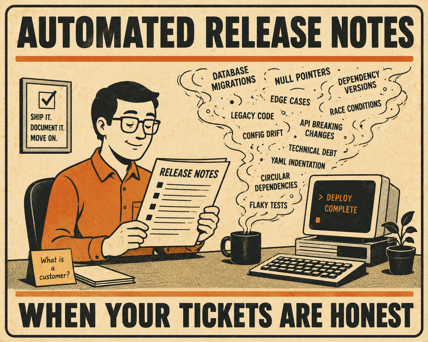 Person reviewing release notes while technical jargon floats away unread