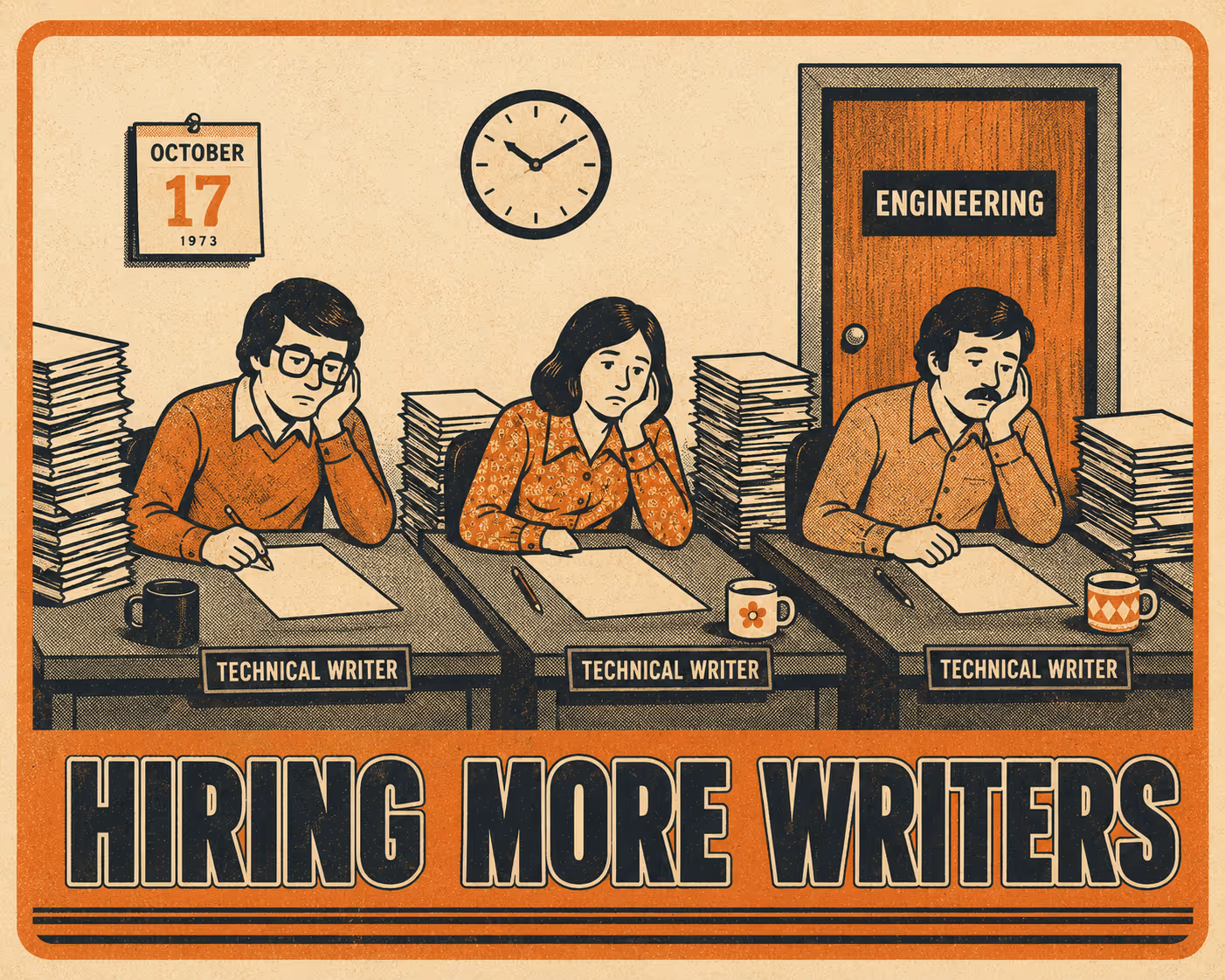 Three writers at desks staring blankly, waiting behind a closed engineering door.