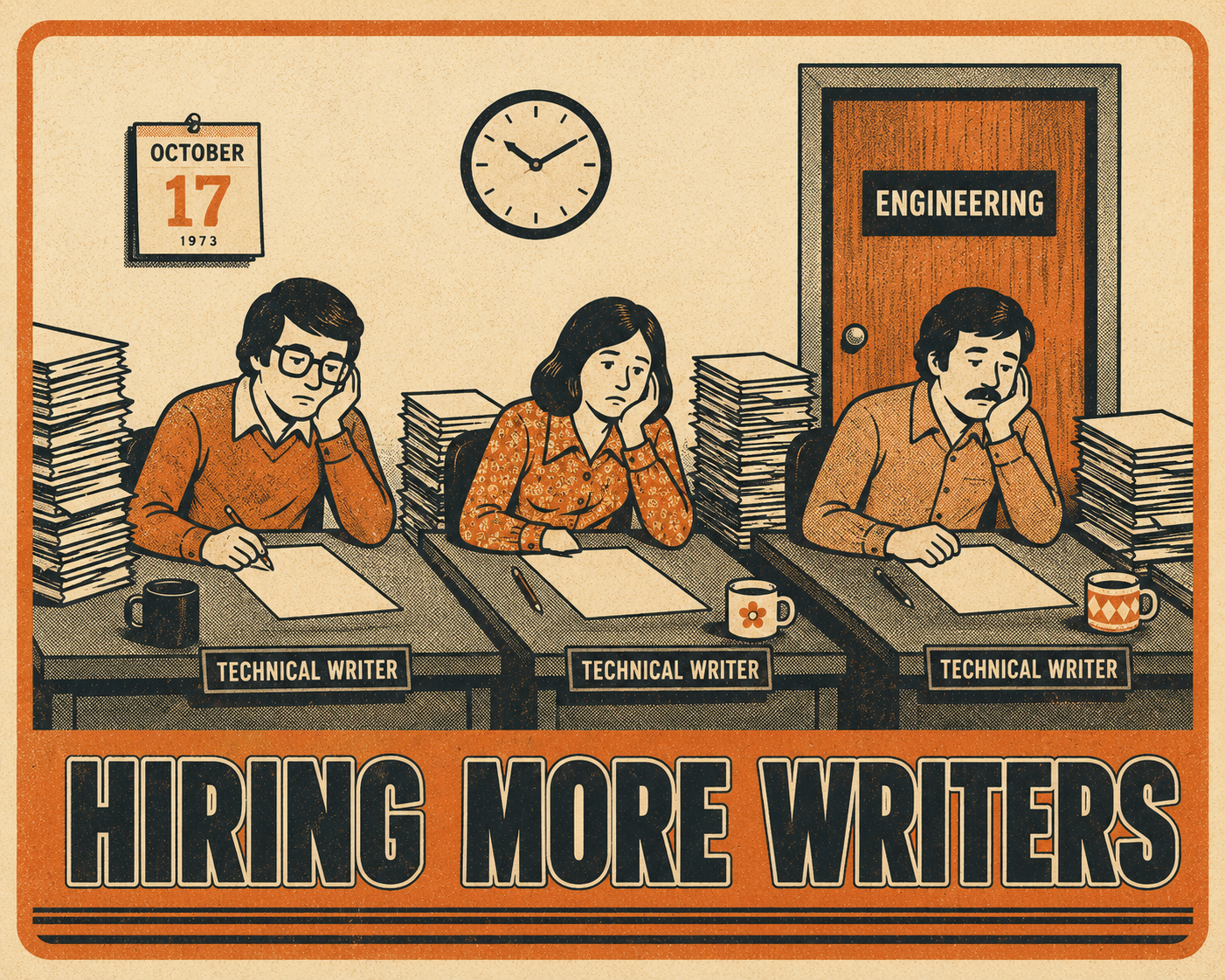 Three writers at desks staring blankly, waiting behind a closed engineering door.