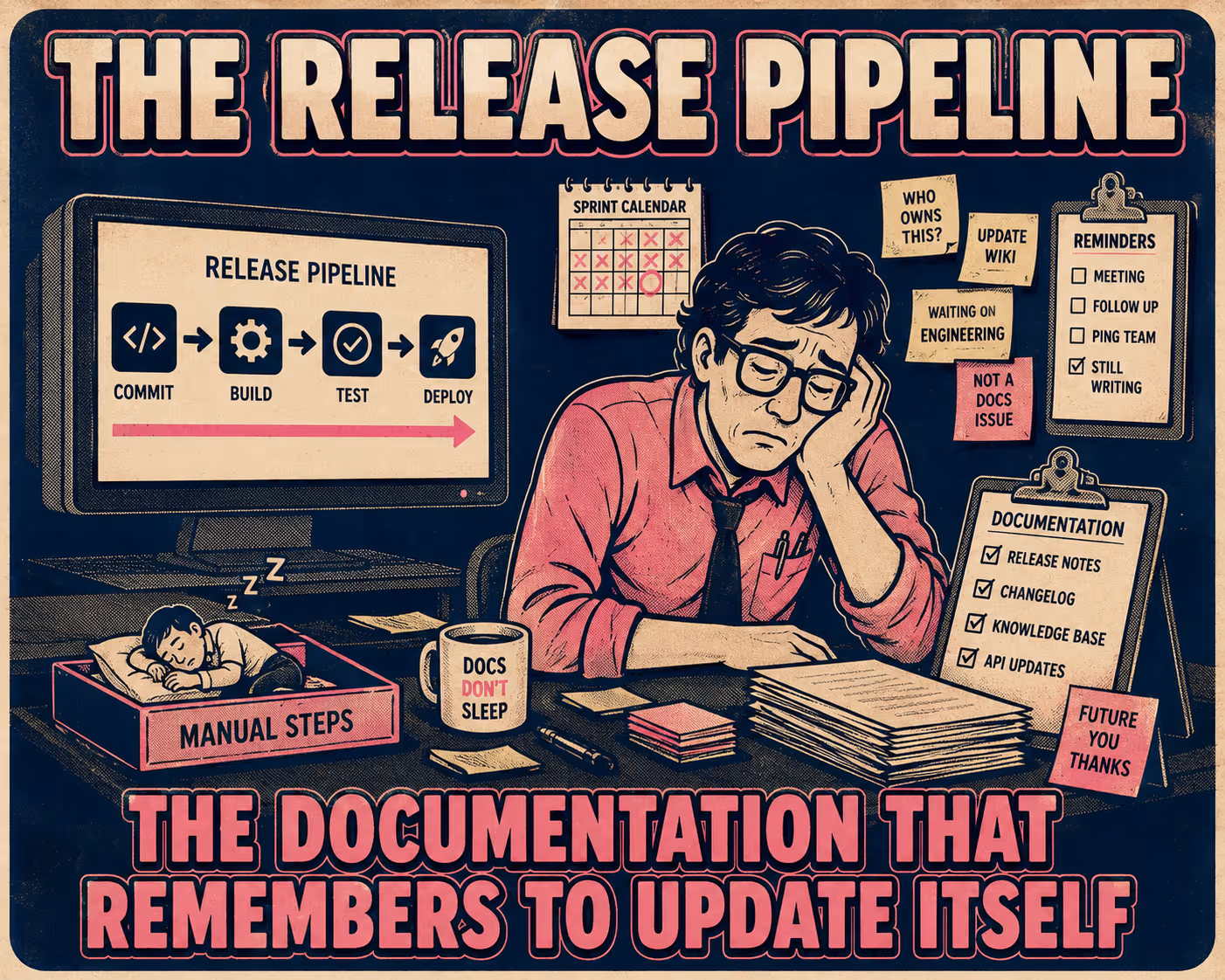 Exhausted person at desk surrounded by notes, disconnected from automated pipeline on monitor