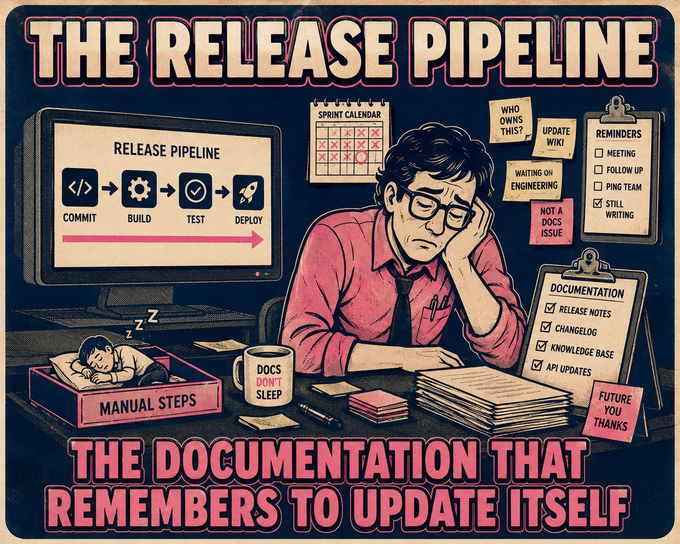 Exhausted person at desk surrounded by notes, disconnected from automated pipeline on monitor