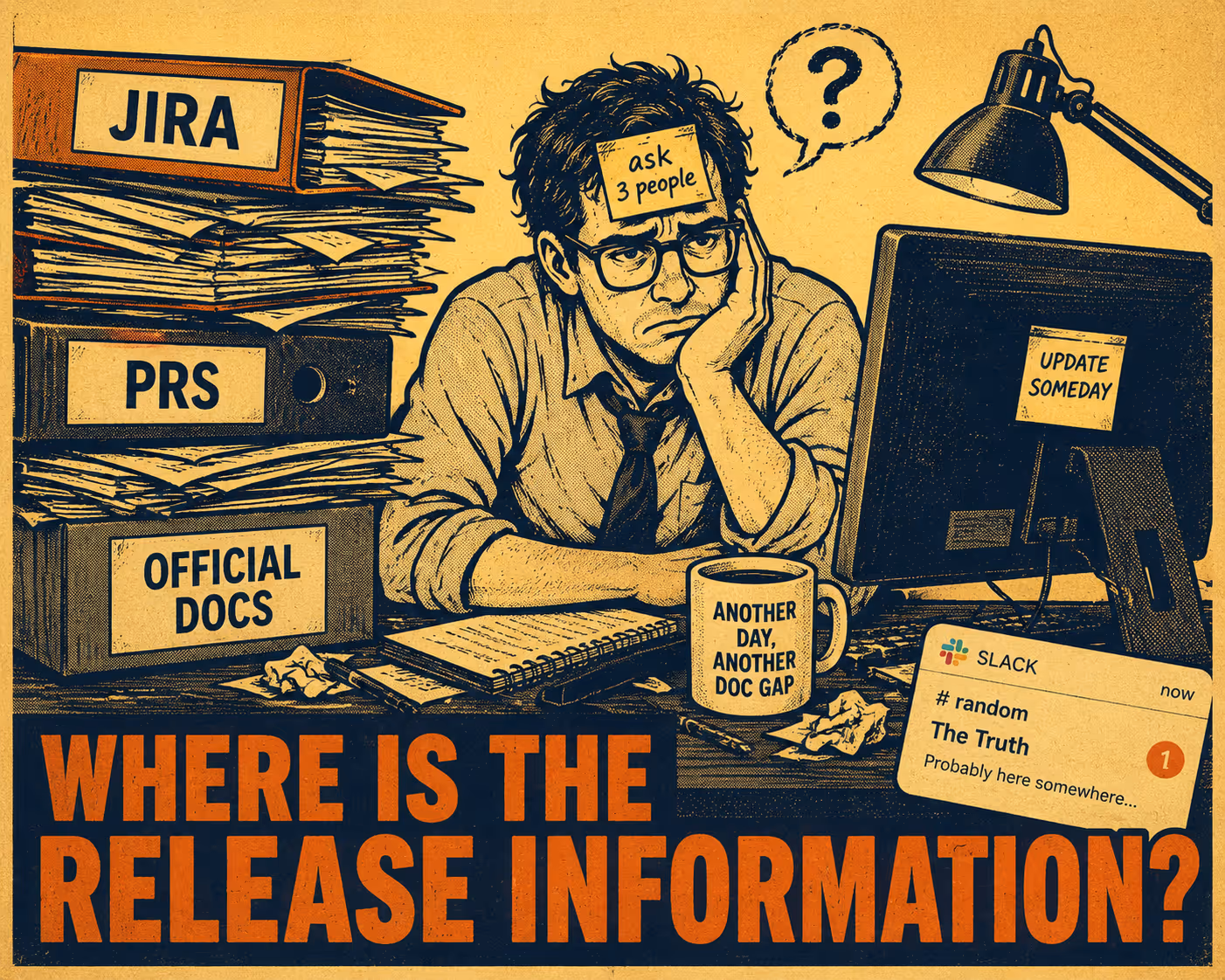 Confused person surrounded by Jira tickets and documents, Slack notification barely visible