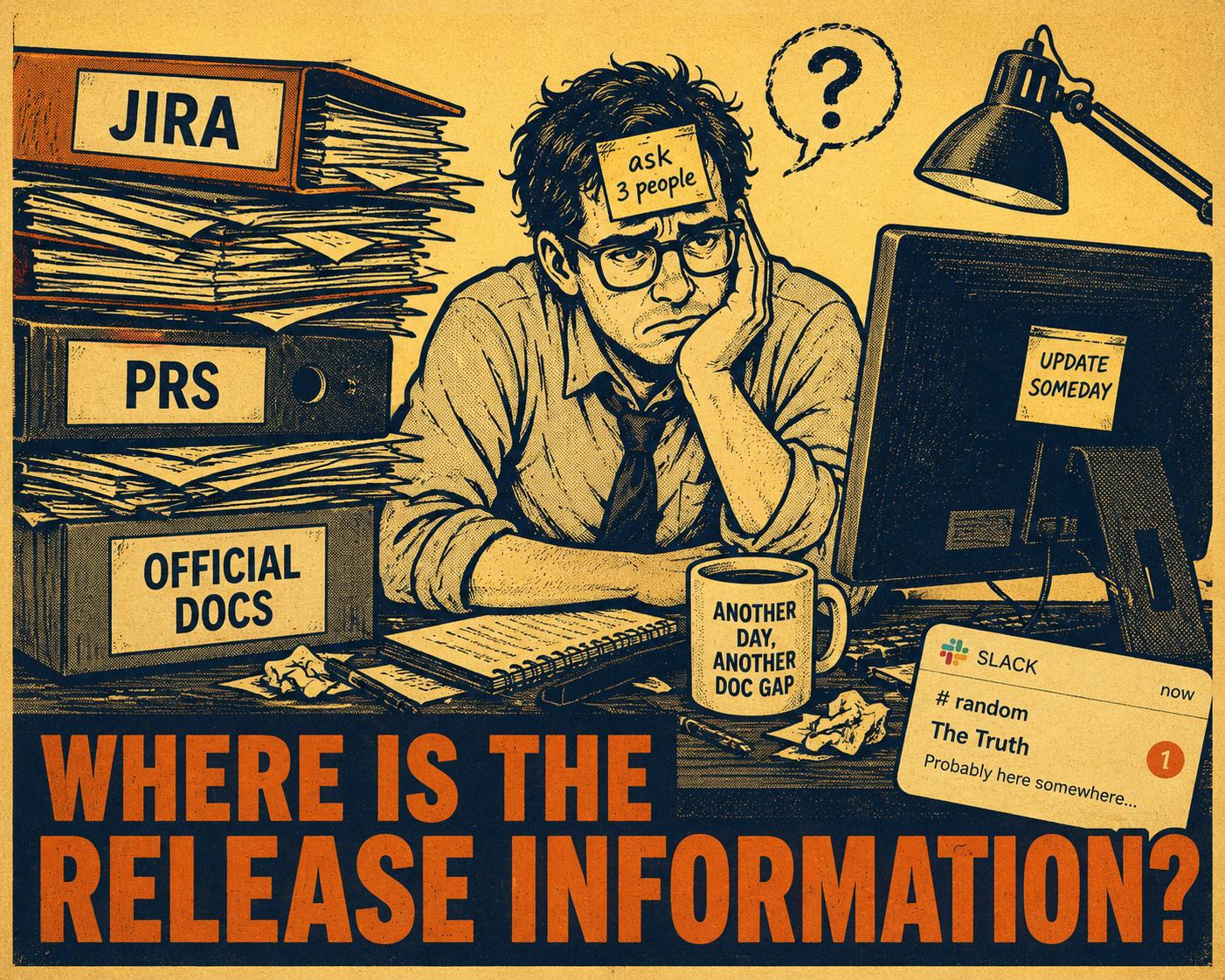 Confused person surrounded by Jira tickets and documents, Slack notification barely visible