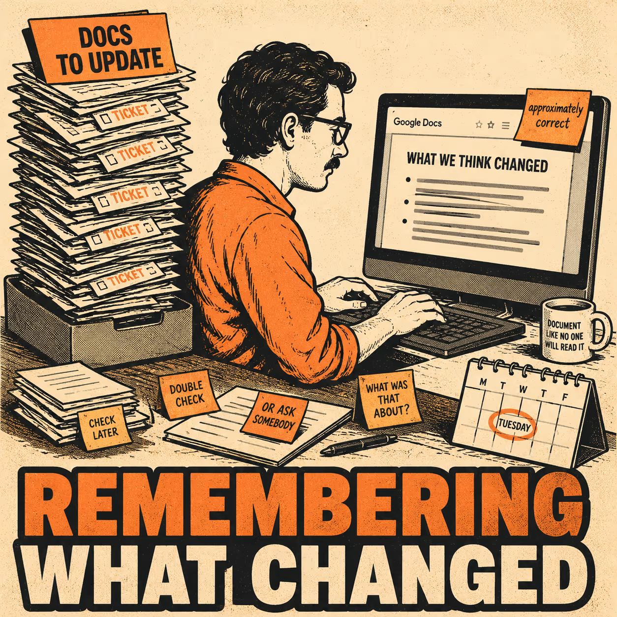 Person typing at desk surrounded by stacks of unopened documentation tickets and sticky notes