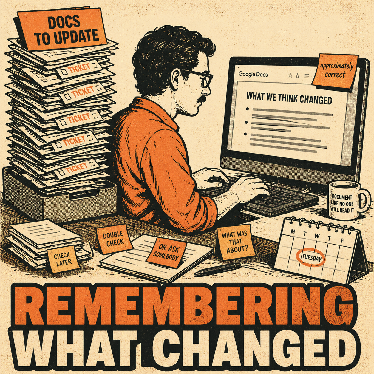 Person typing at desk surrounded by stacks of unopened documentation tickets and sticky notes