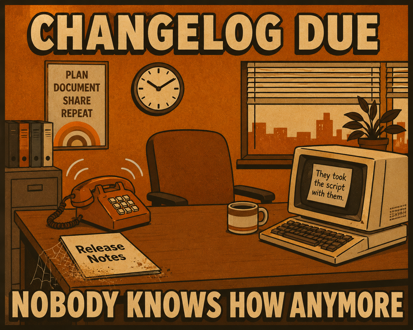 Empty desk with phone ringing and abandoned release notes gathering dust