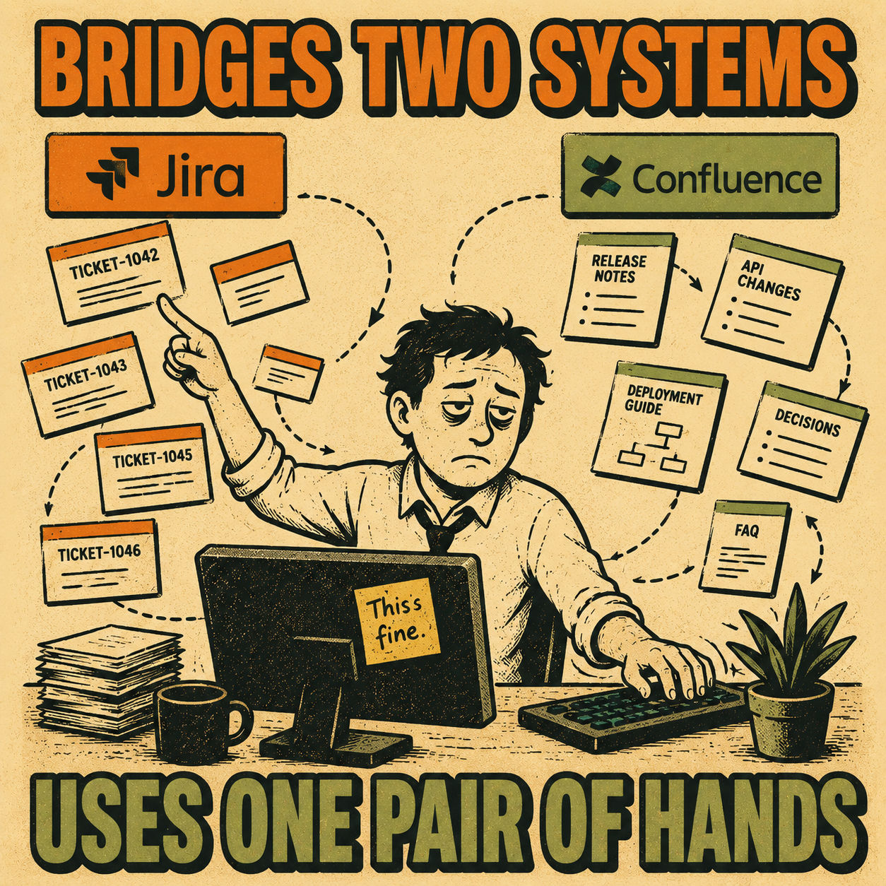Tired figure manually moving tickets between Jira and Confluence labeled This Is Fine
