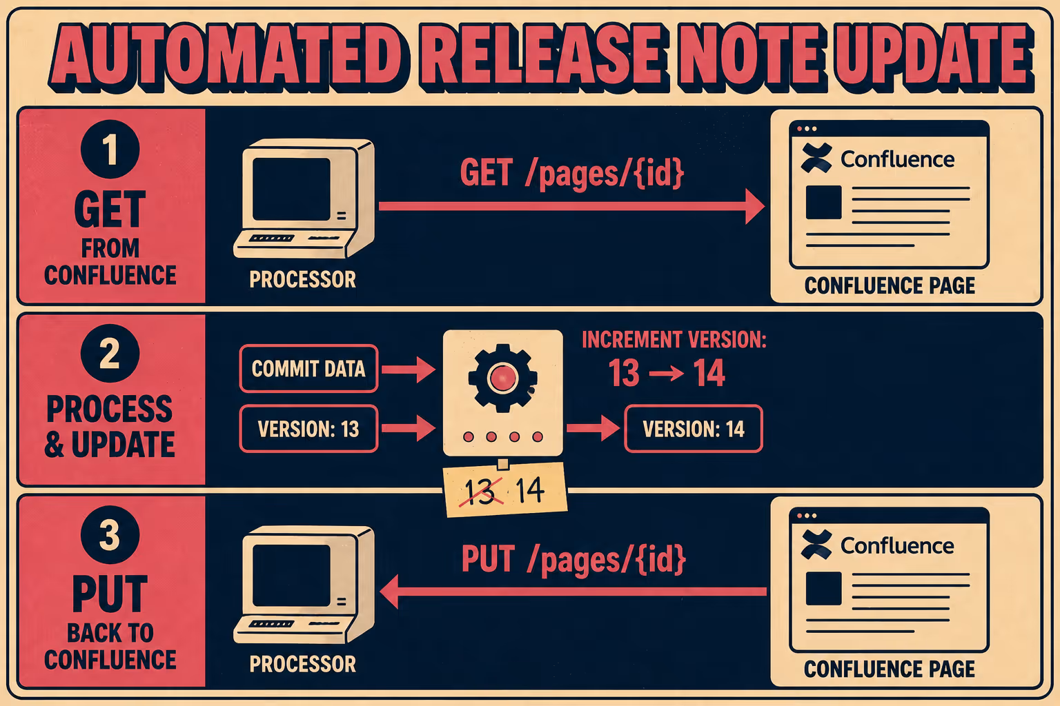 Three-step diagram of GET, version increment, and PUT API calls to Confluence