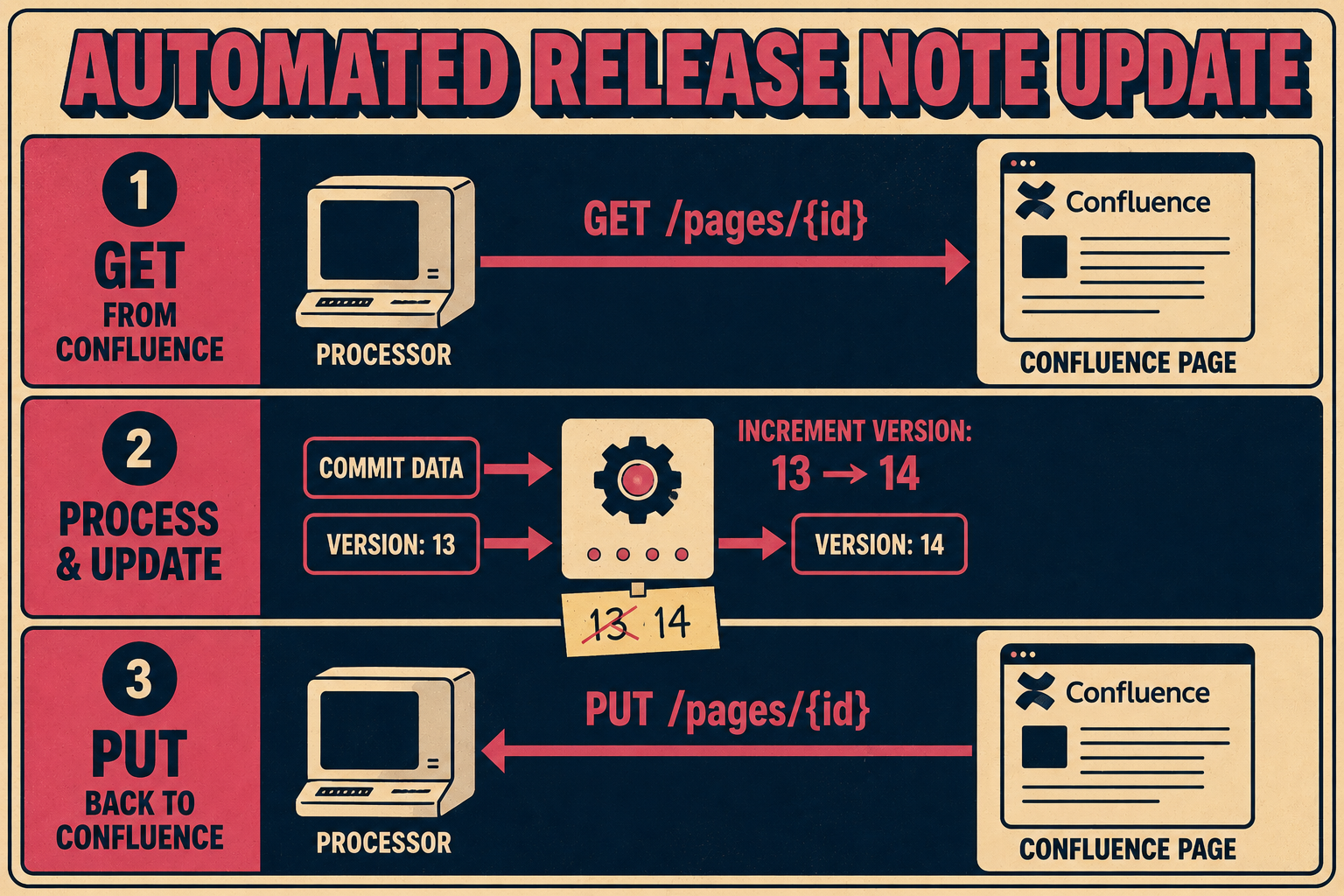 Three-step diagram of GET, version increment, and PUT API calls to Confluence