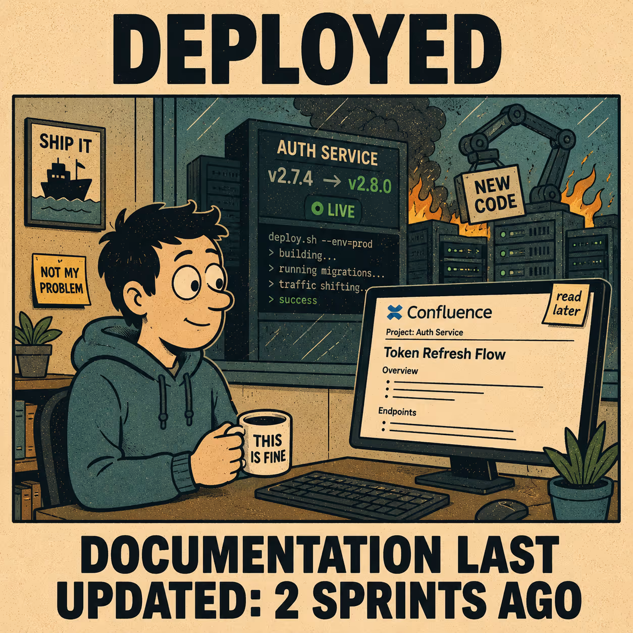 Developer at desk viewing outdated Confluence page while live service runs behind them