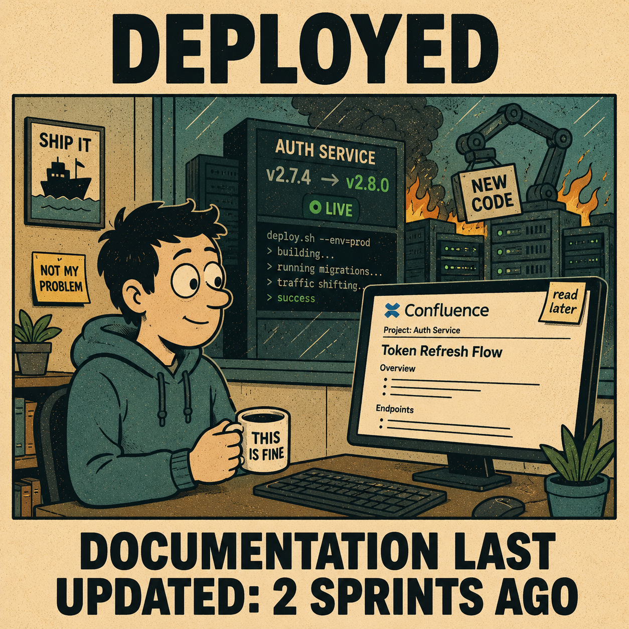 Developer at desk viewing outdated Confluence page while live service runs behind them