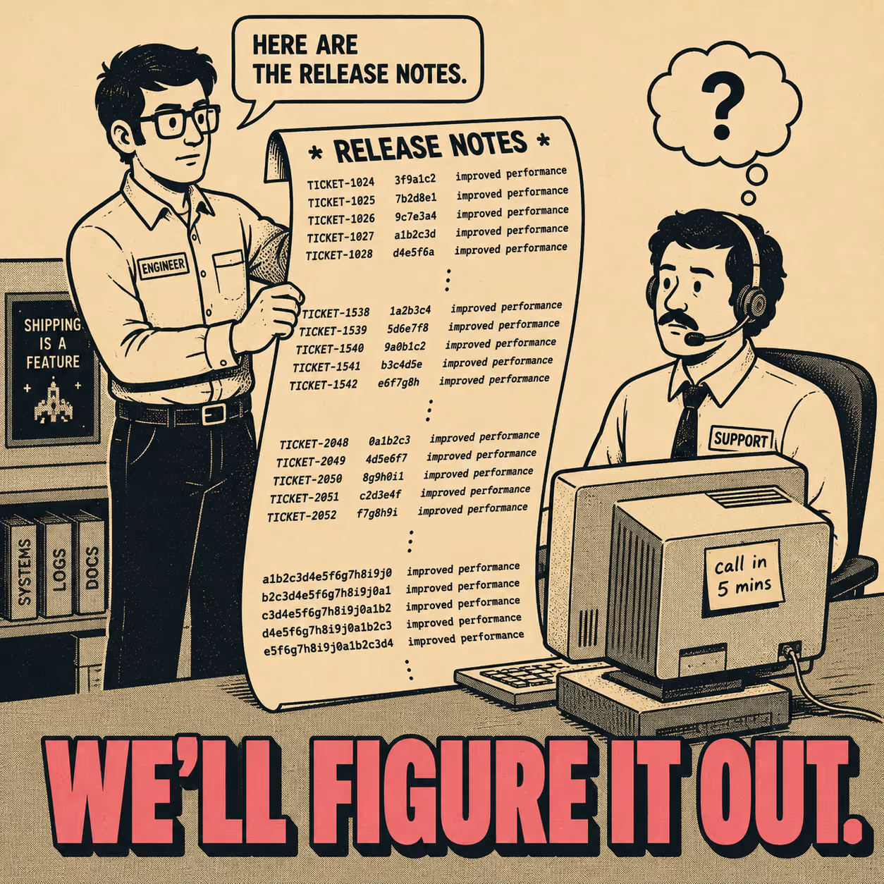 Support agent receives large technical release notes document before customer call