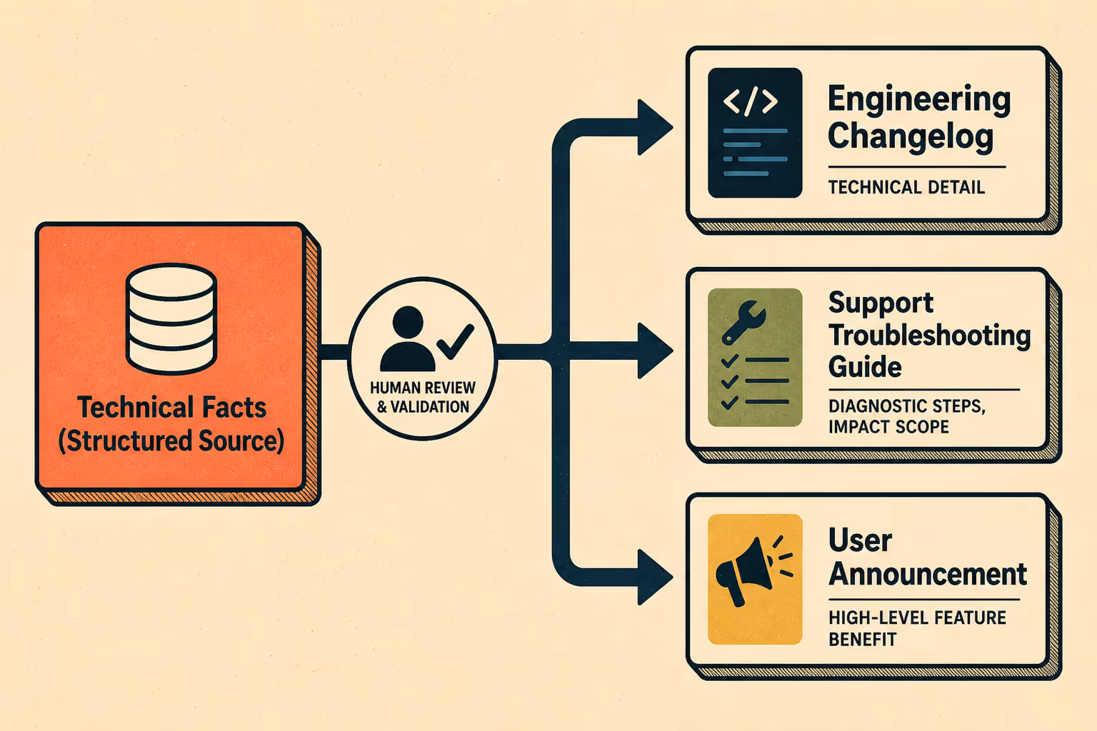 Single source document branches into three audience-specific outputs