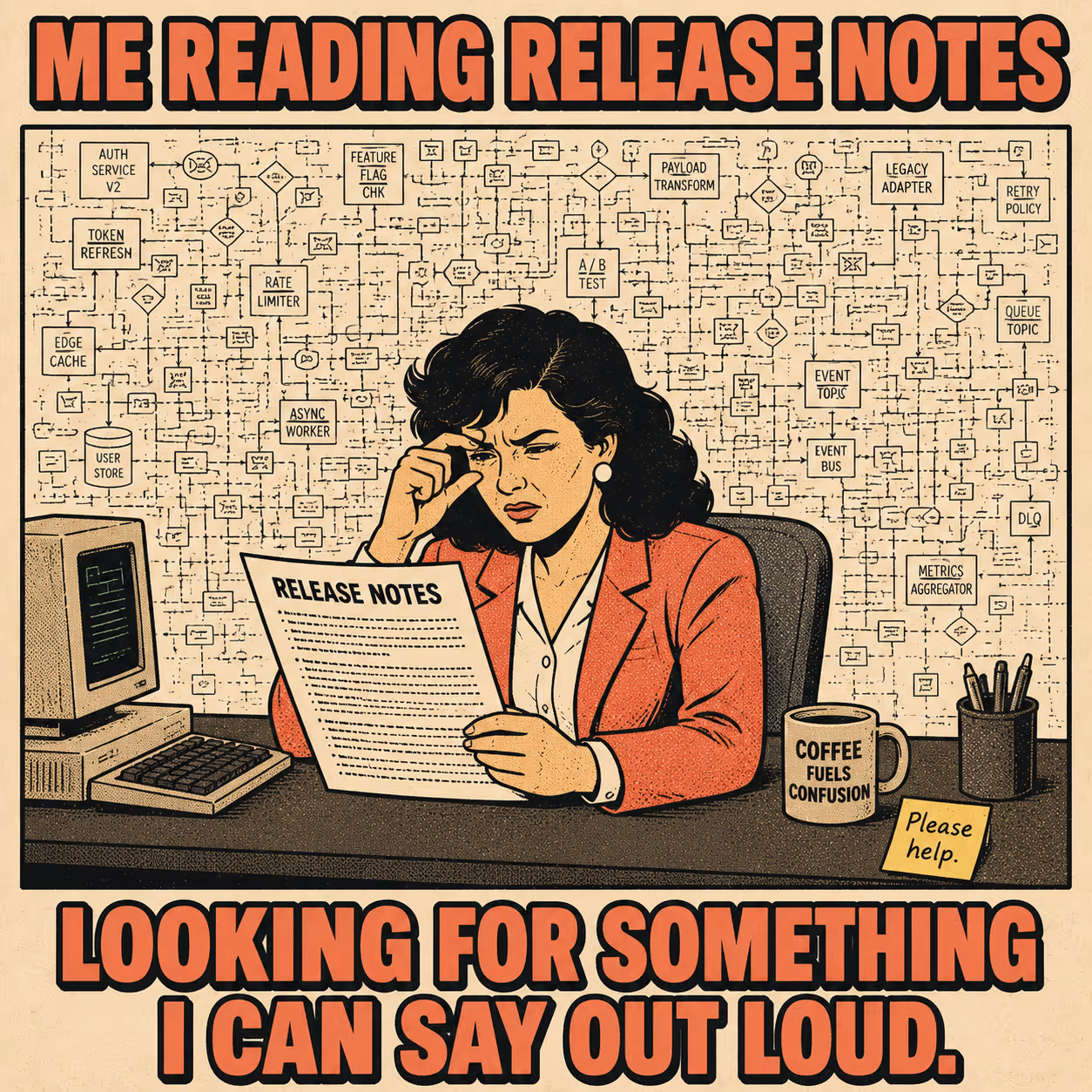 Sales rep confused by technical release notes while incomprehensible diagram looms behind her desk