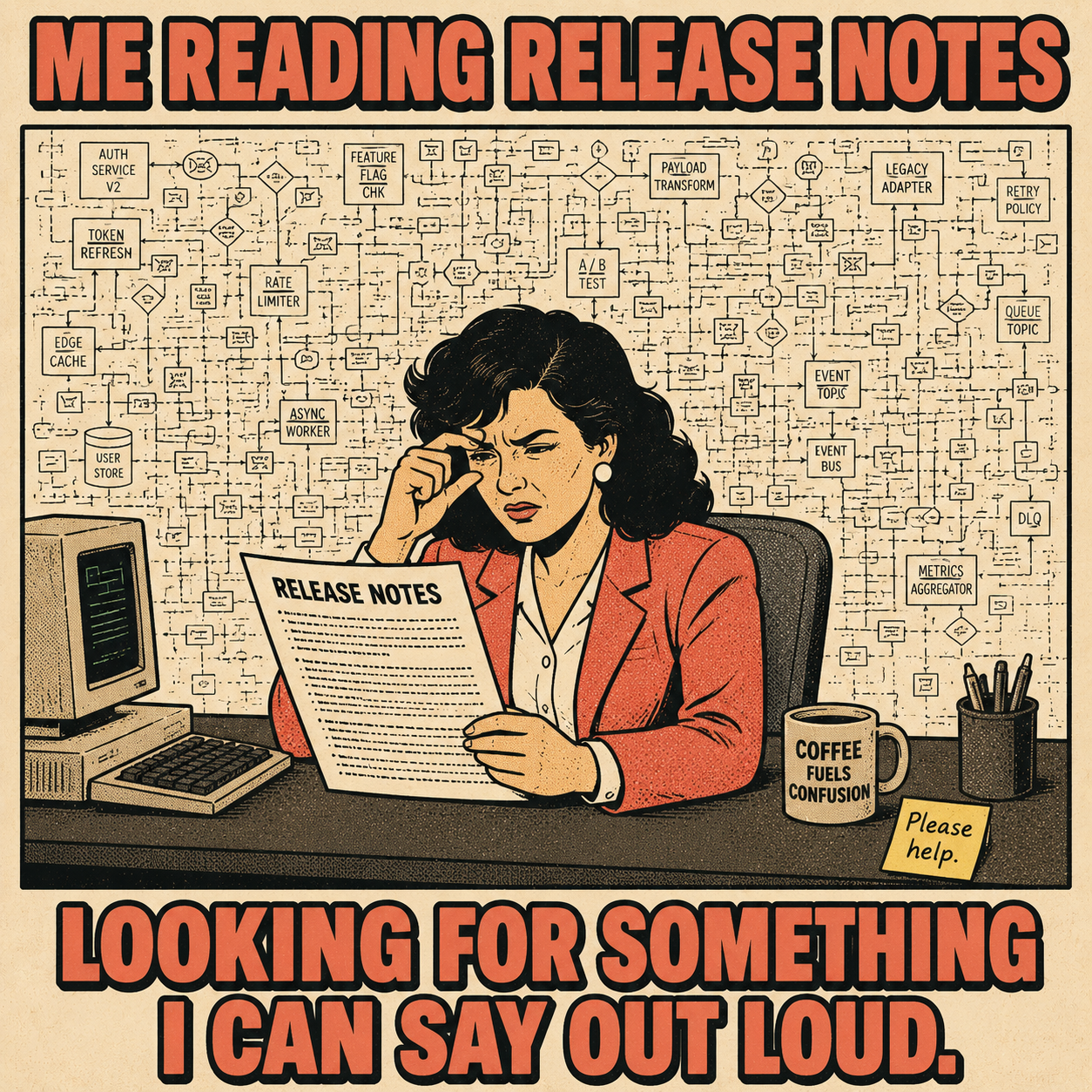Sales rep confused by technical release notes while incomprehensible diagram looms behind her desk