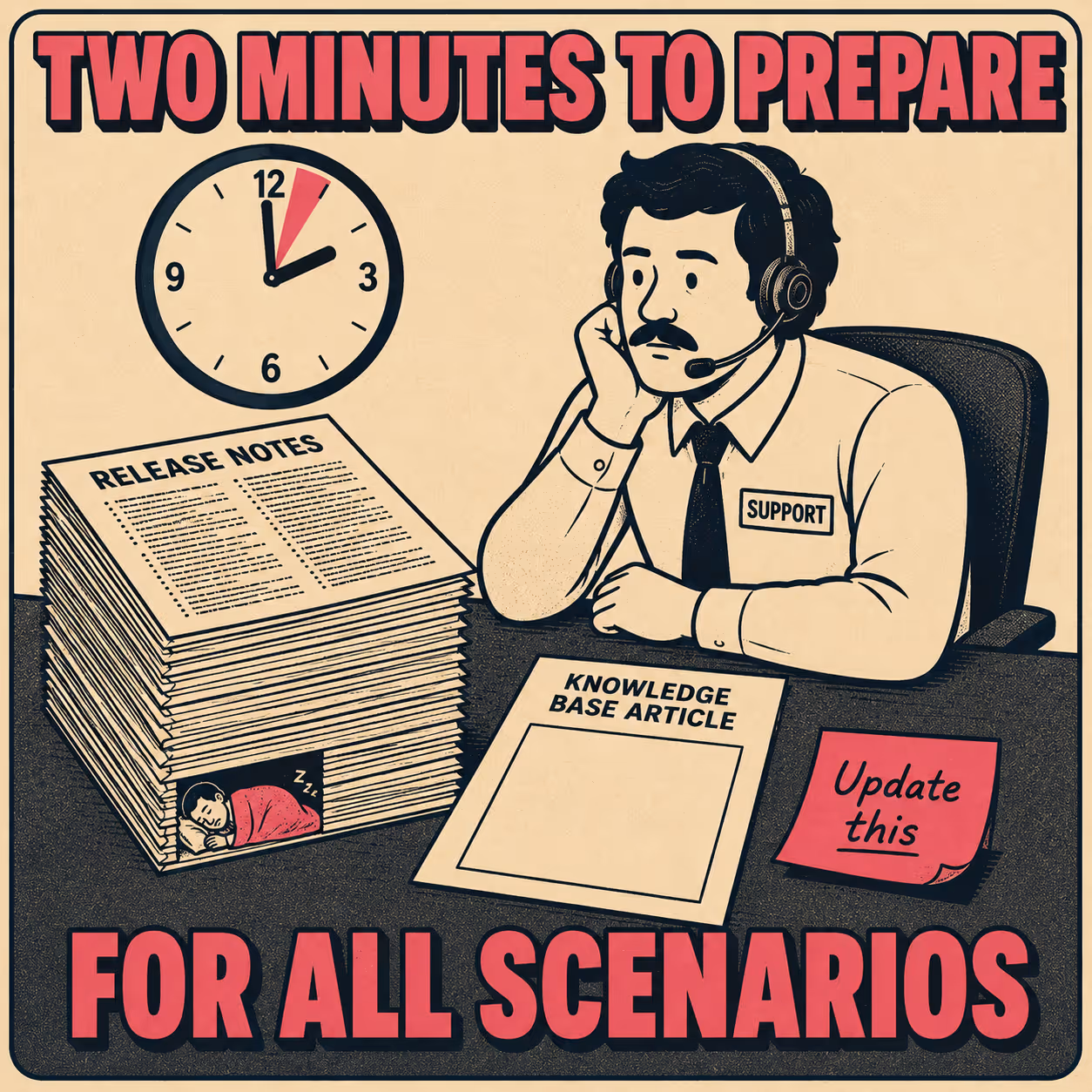 Support agent at desk with two minutes, surrounded by release notes and blank templates.