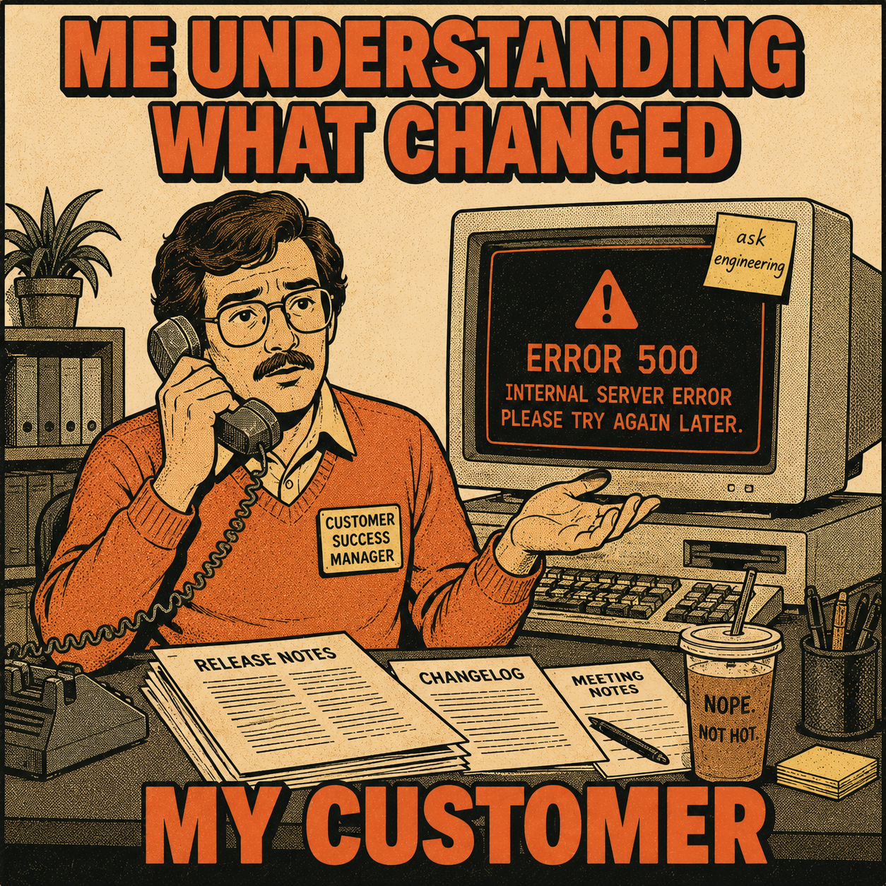 CSM on phone looking confused while customer error displays on monitor behind desk