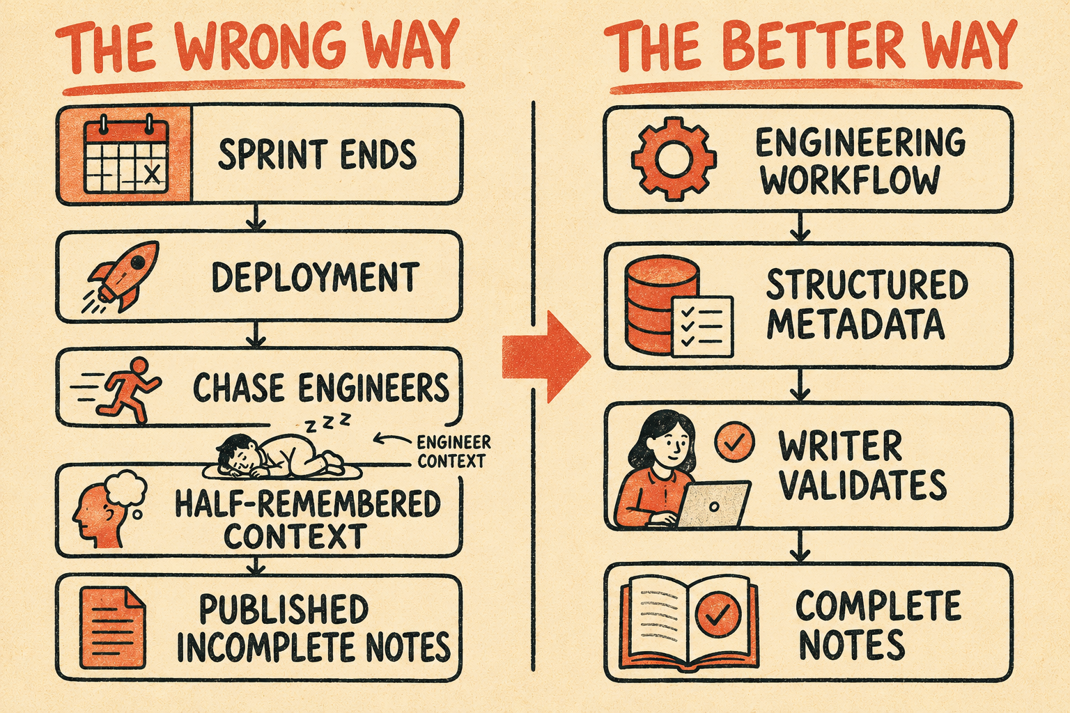 Two-column flow diagram comparing chaotic versus structured release note creation workflows