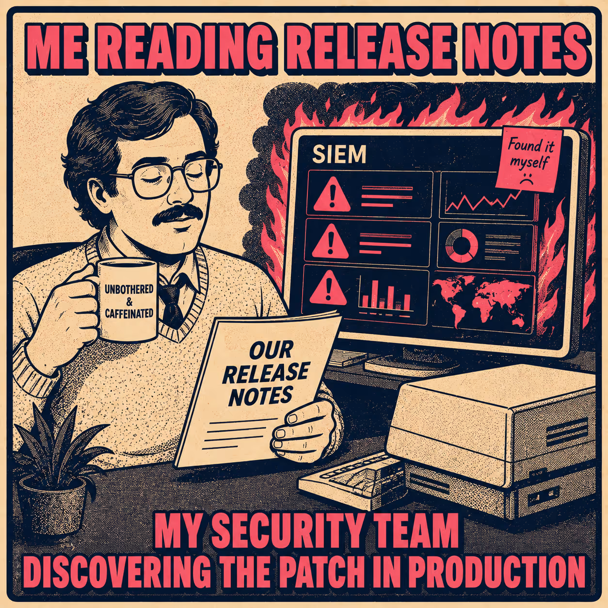 Person reading release notes calmly while security dashboard burns in background