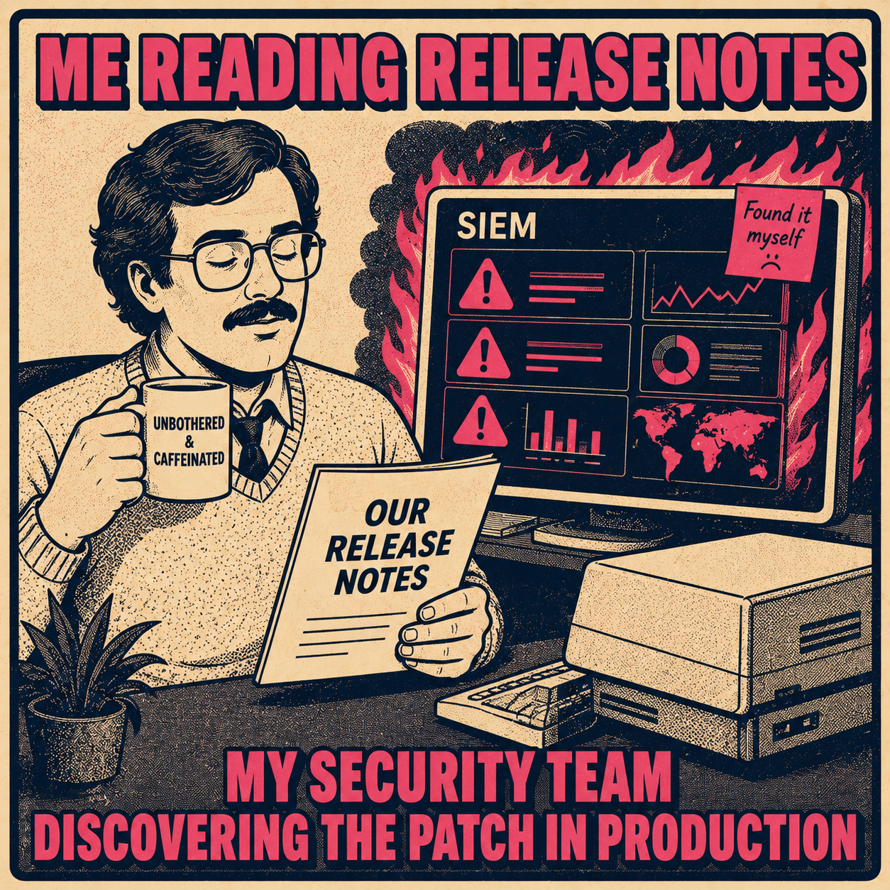 Person reading release notes calmly while security dashboard burns in background