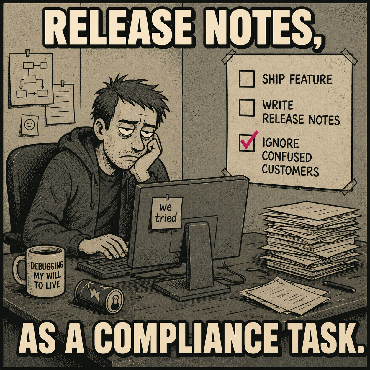 Engineer checking off release notes as a compliance task while ignoring customer confusion