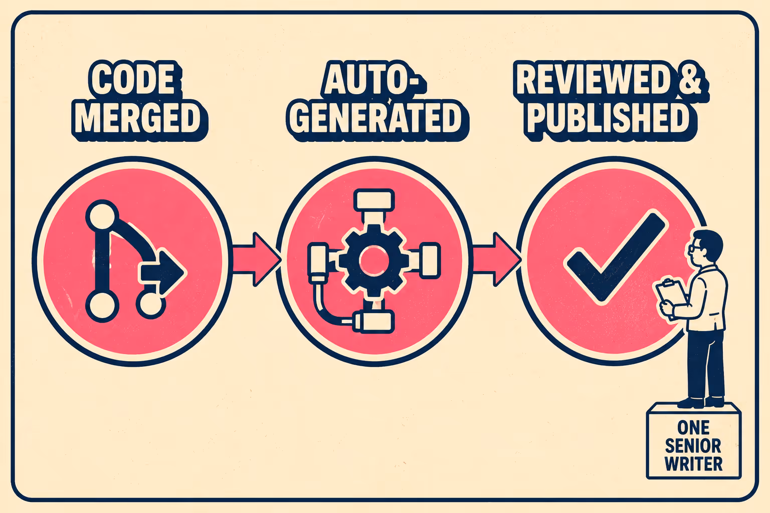 Three-stage flow: code merged, auto-generated, reviewed and published by one writer