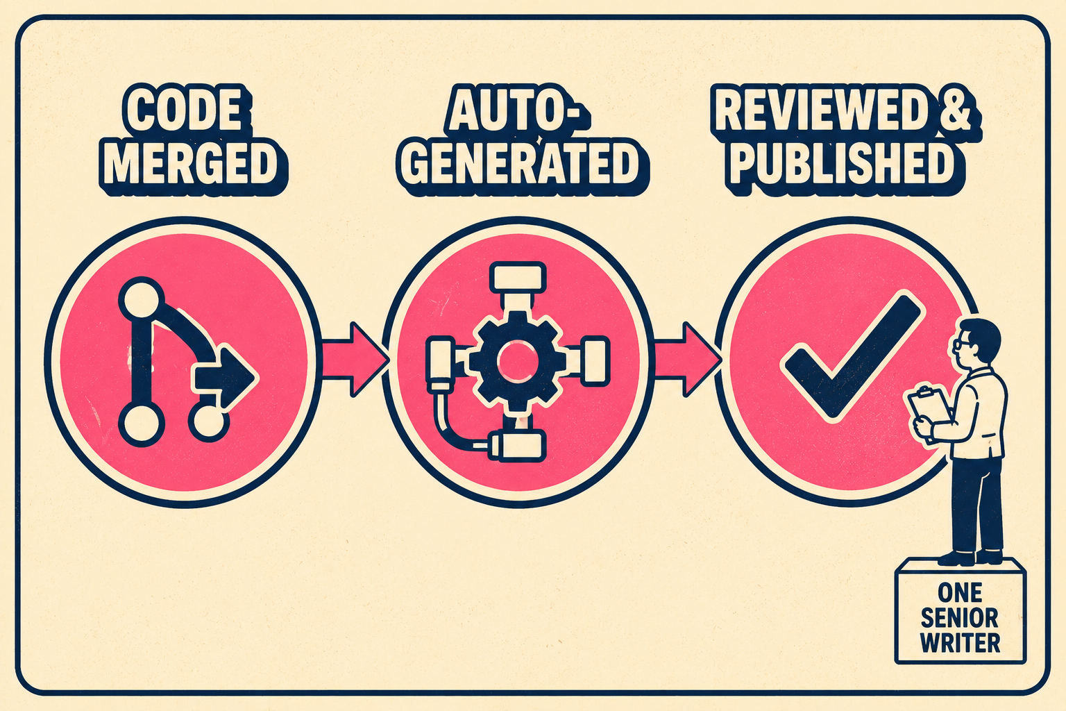 Three-stage flow: code merged, auto-generated, reviewed and published by one writer