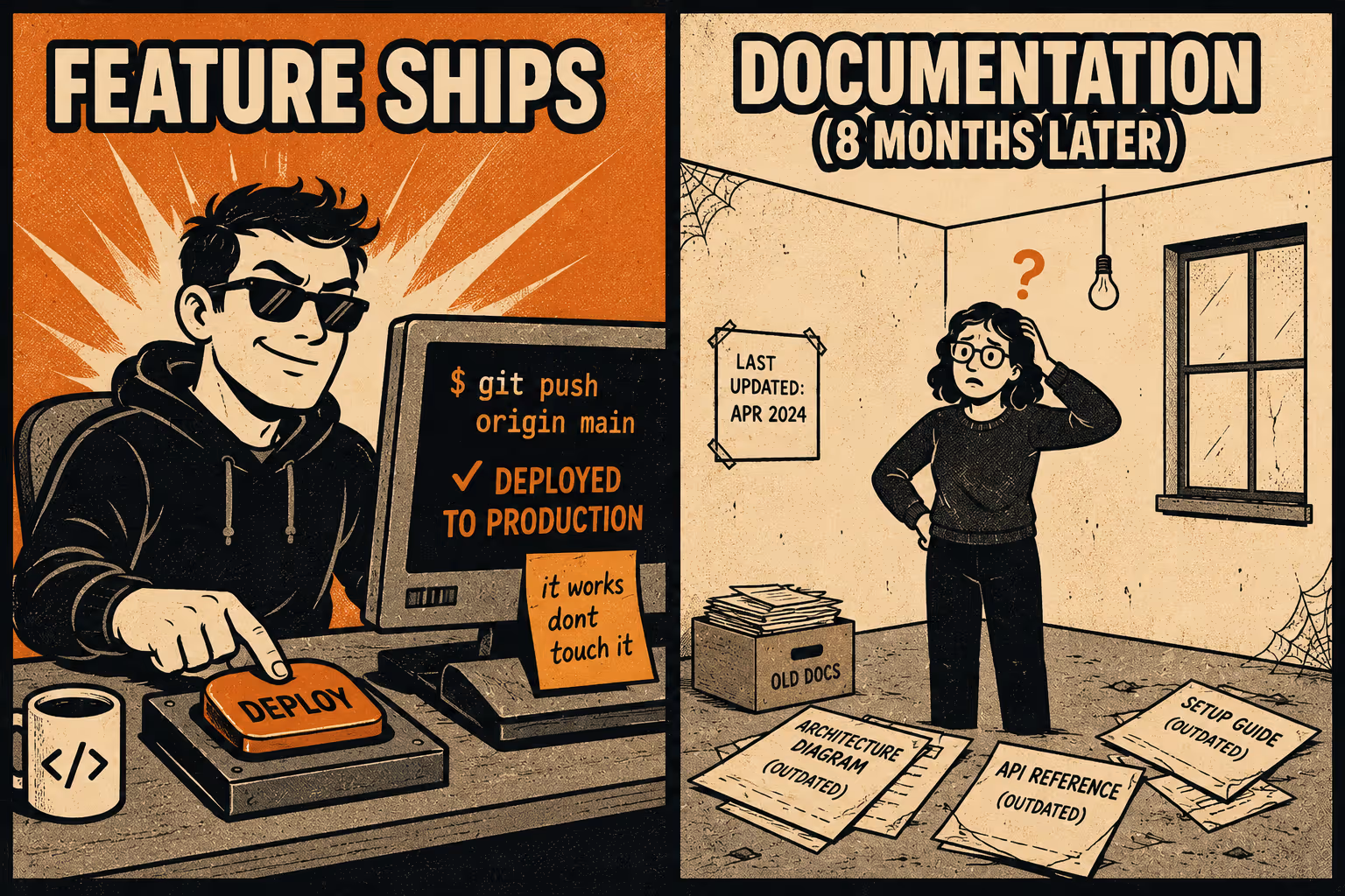 Developer shipping code and separate writer with outdated docs labeled months later