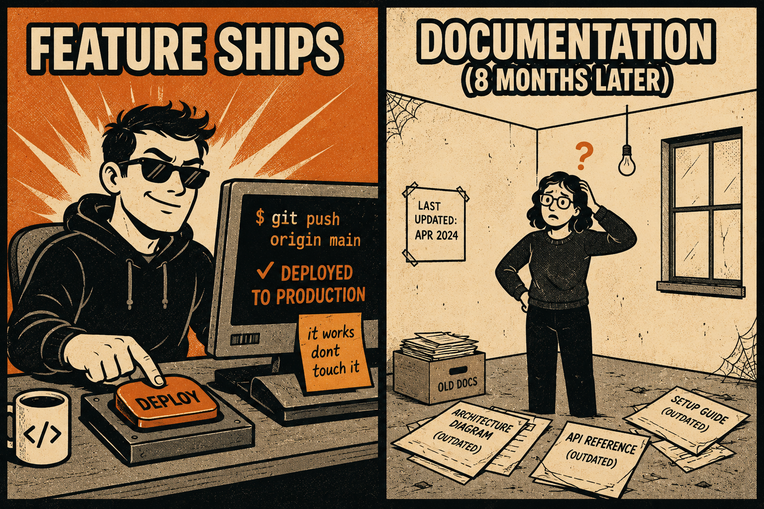 Developer shipping code and separate writer with outdated docs labeled months later