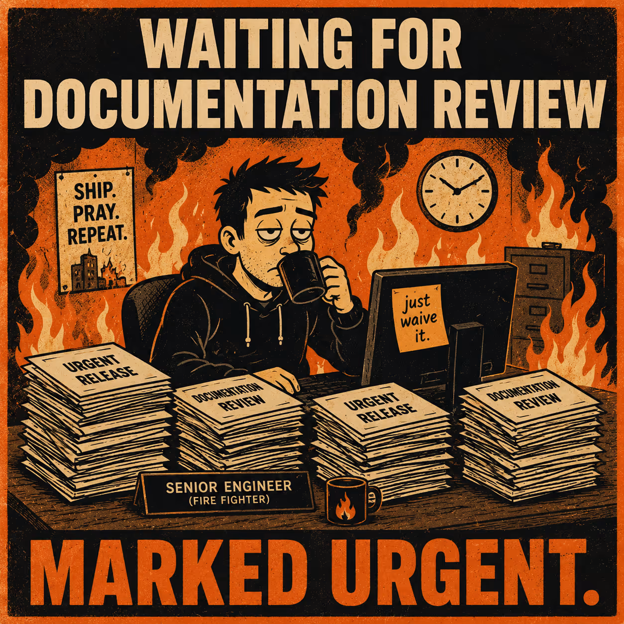 Engineer calmly at desk while surrounded by burning stacks of papers labeled urgent.