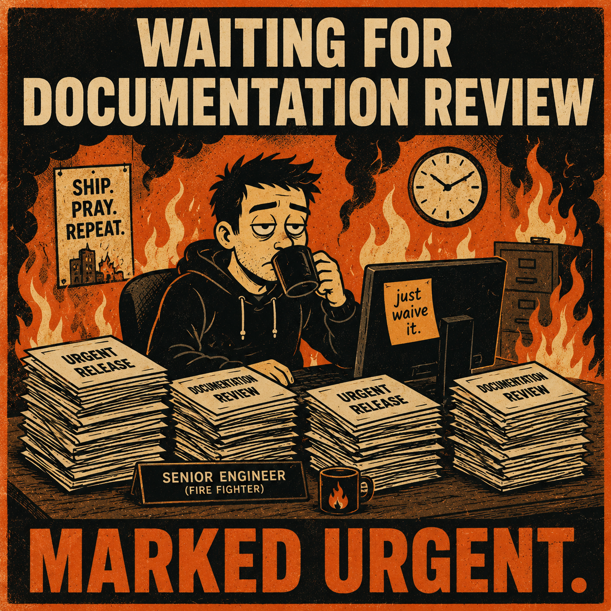 Engineer calmly at desk while surrounded by burning stacks of papers labeled urgent.