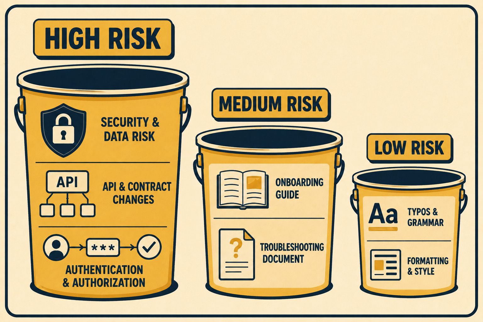 Three buckets showing documentation triage levels from high to low risk.