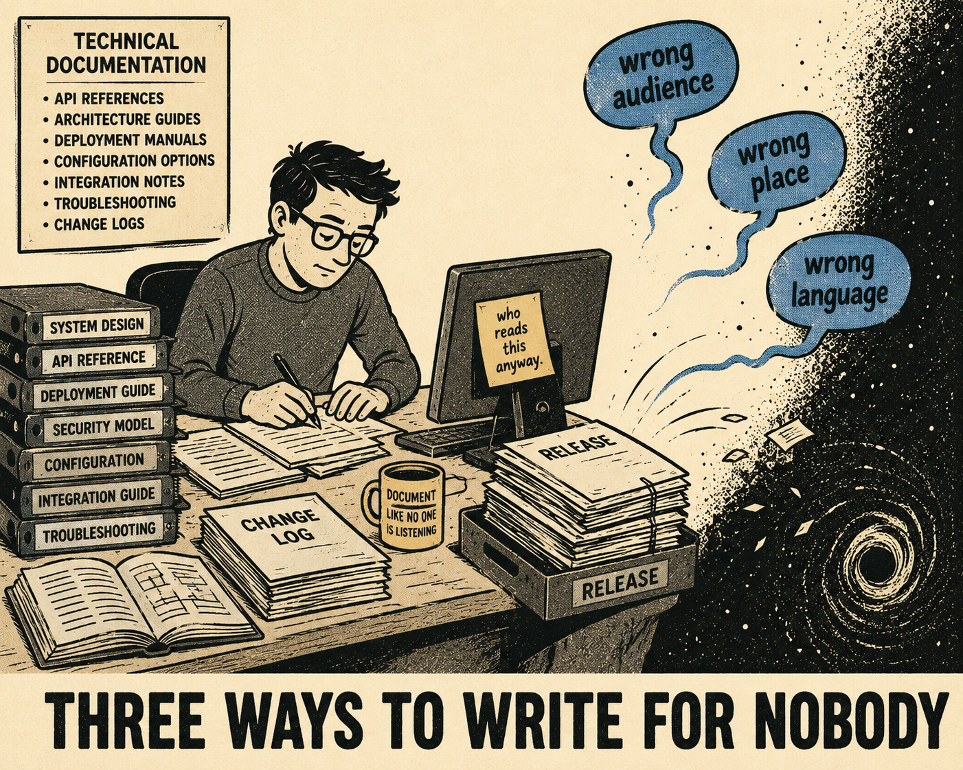 Person writing release notes while speech bubbles float away unread into the void.