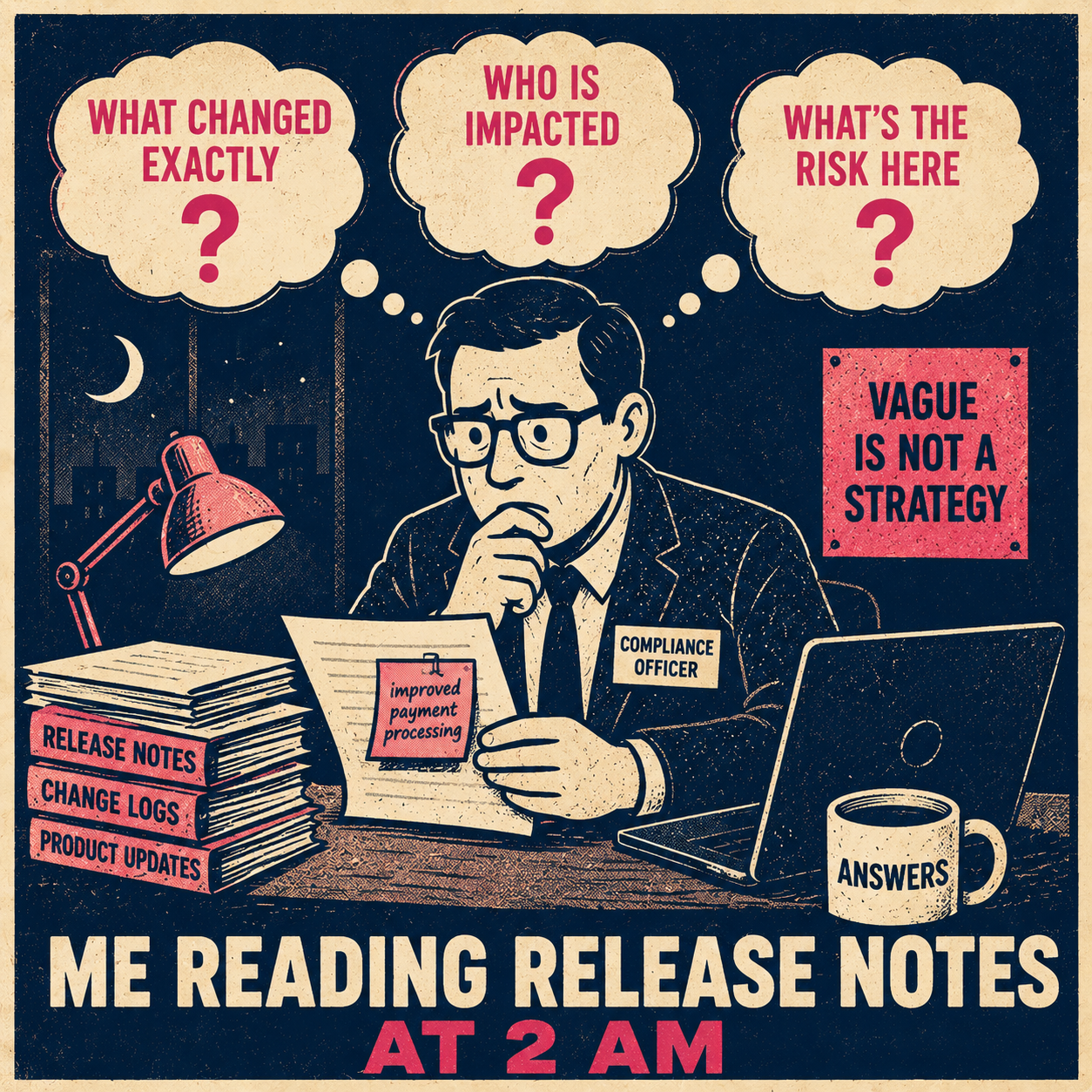 Compliance officer surrounded by question marks, staring at vague release note