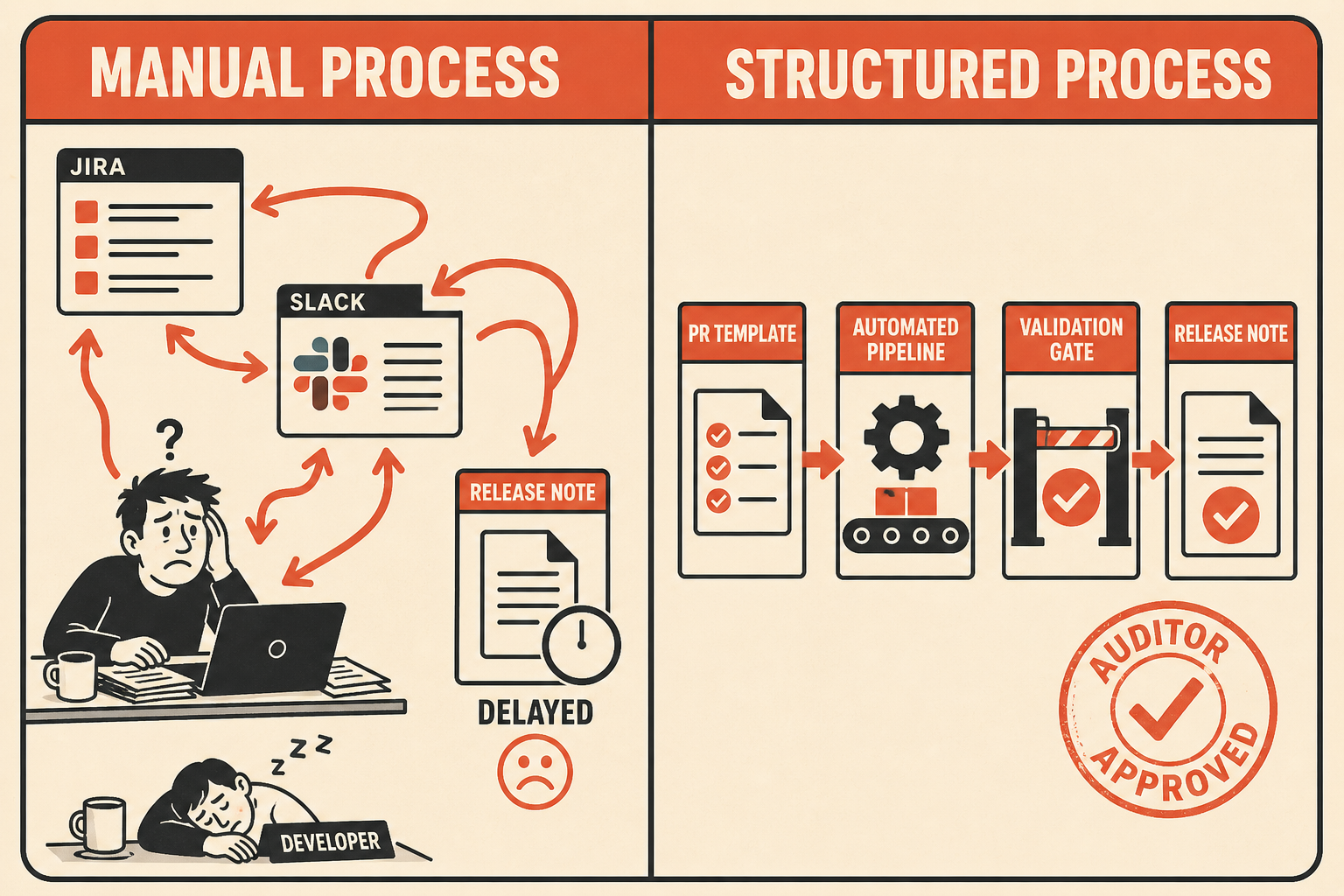 Side-by-side comparison of manual vs. automated release note workflows