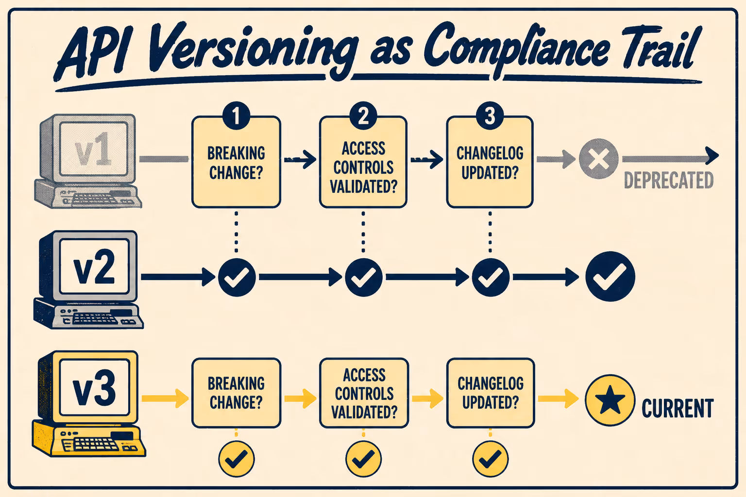 Timeline showing three API versions with decision points and compliance checkmarks between them