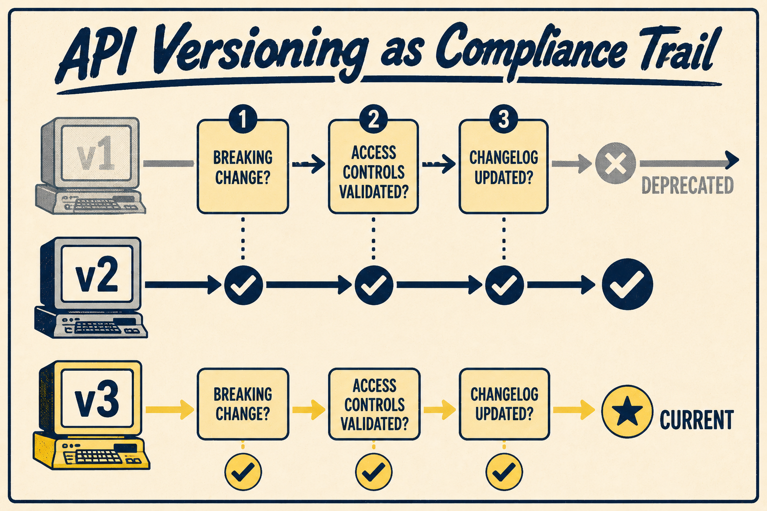 Timeline showing three API versions with decision points and compliance checkmarks between them
