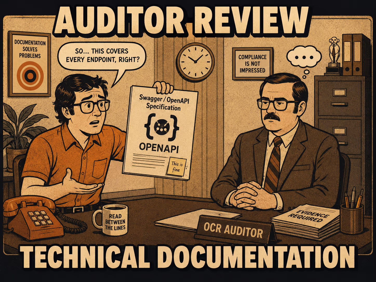 Developer presenting Swagger file to unimpressed OCR auditor across desk