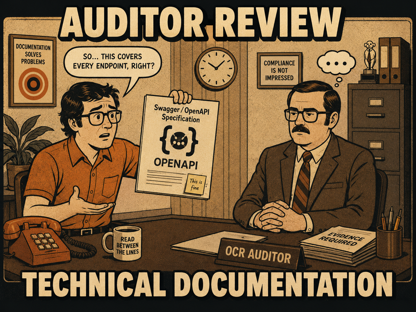 Developer presenting Swagger file to unimpressed OCR auditor across desk