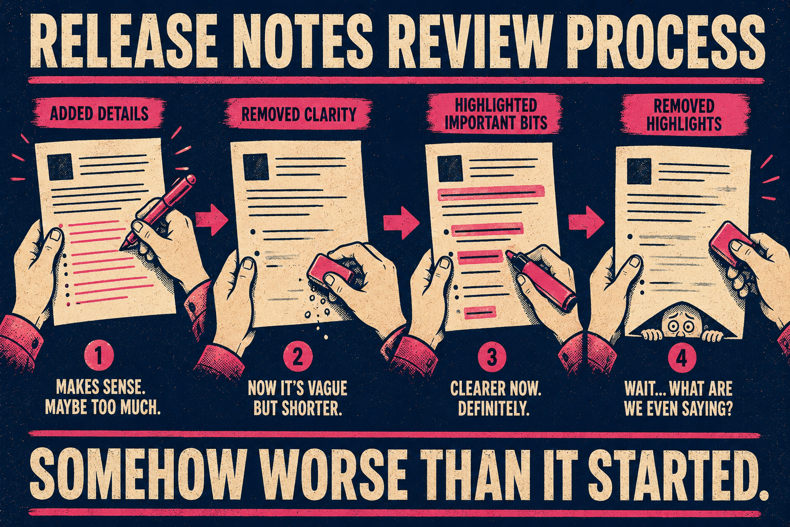 Document passed through four editing teams, each making contradictory changes.