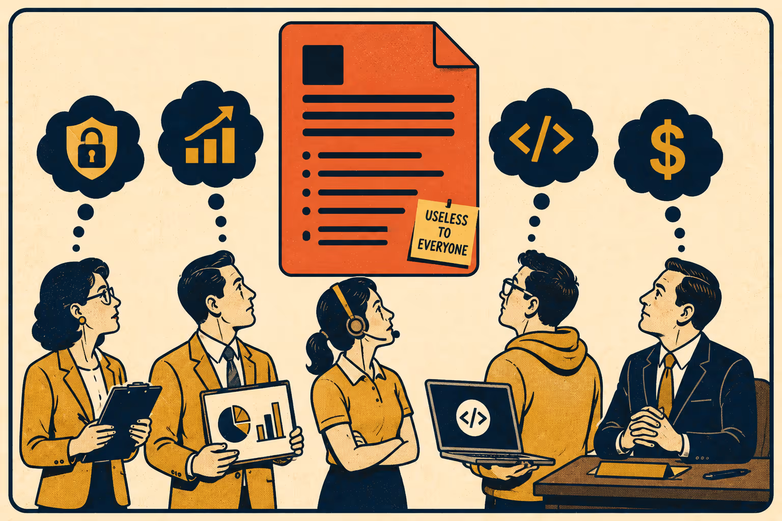 Five different enterprise stakeholders facing one document, each wanting different information.
