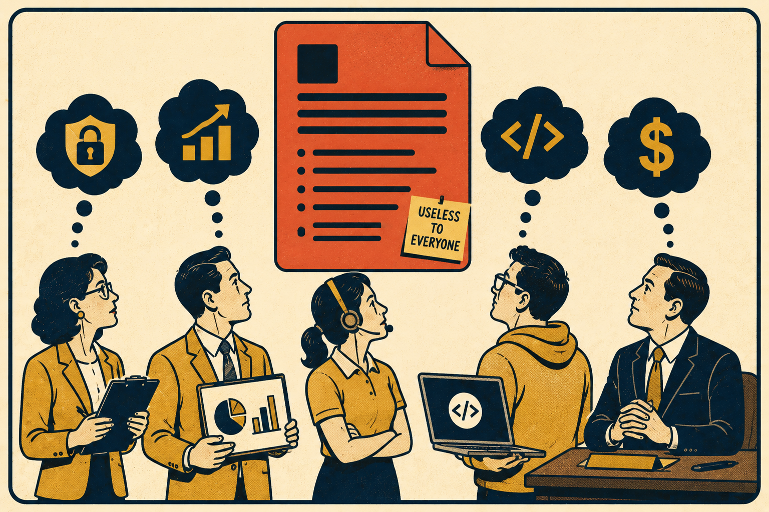 Five different enterprise stakeholders facing one document, each wanting different information.