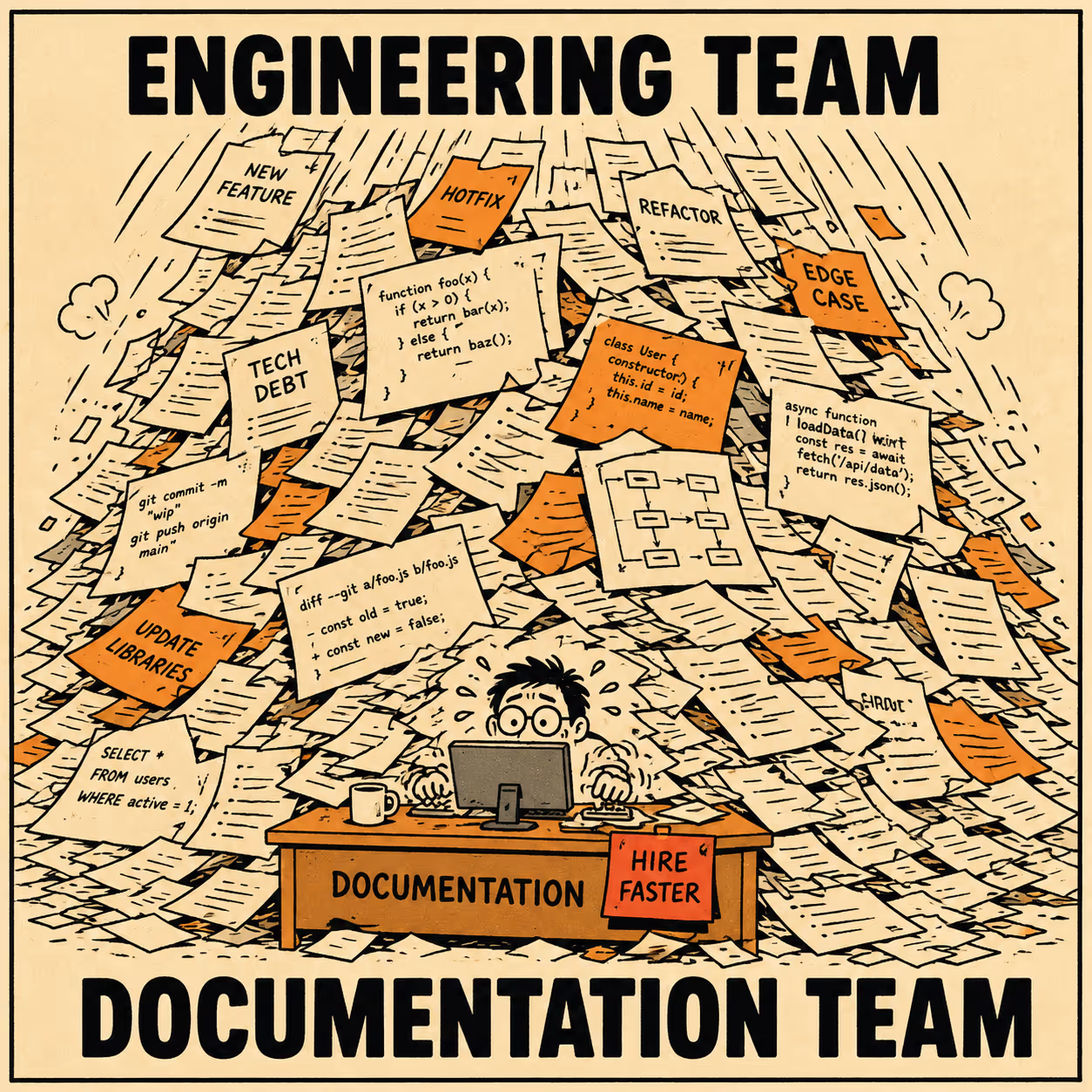 Tiny figure at desk buried under avalanche of papers labeled engineering output
