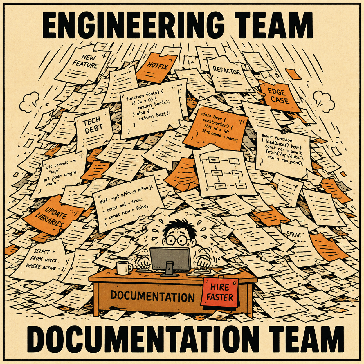 Tiny figure at desk buried under avalanche of papers labeled engineering output