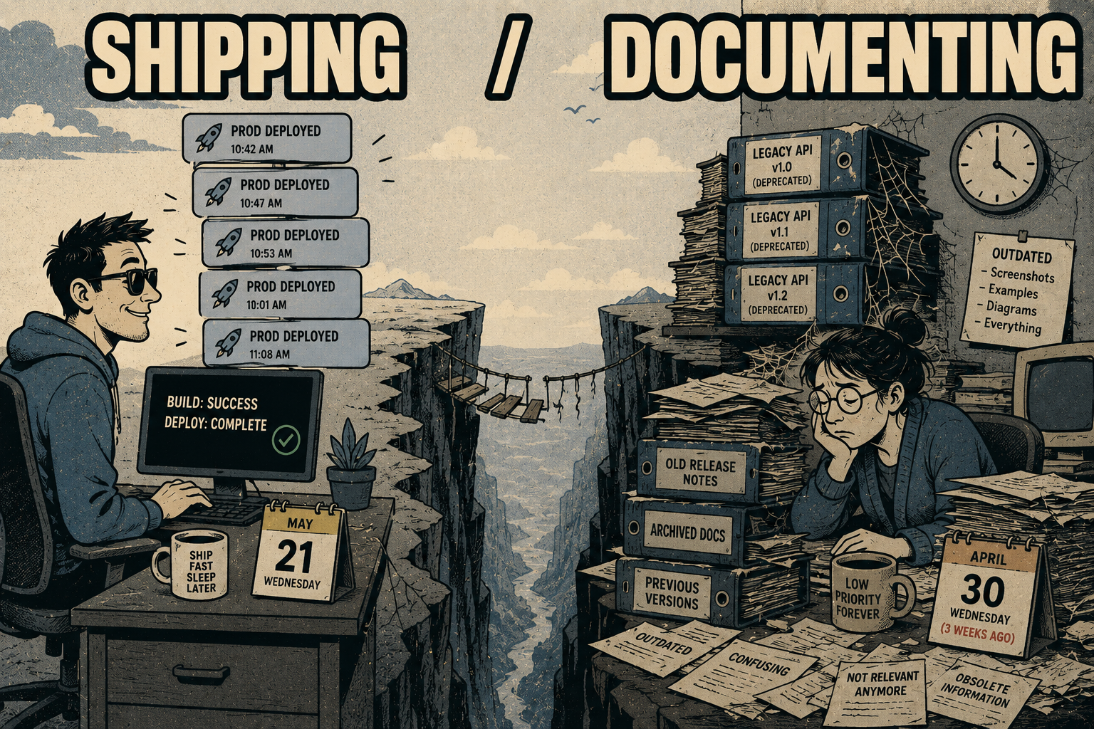 Split illustration showing engineer shipping code rapidly while writer documents outdated information